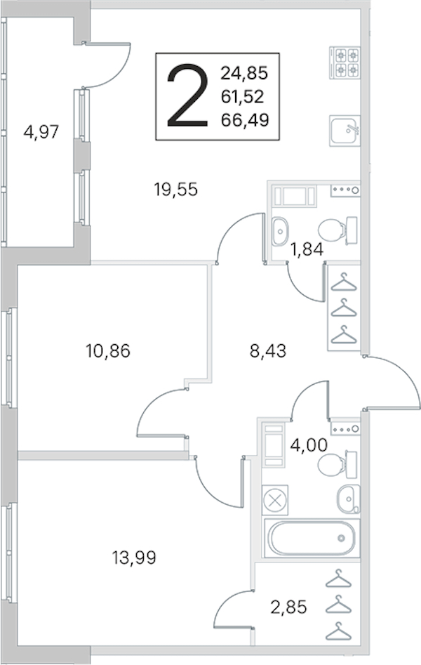 2-комнатная квартира 61.52 м², 2/4 эт., ЖК «Любоград в Стрельне»